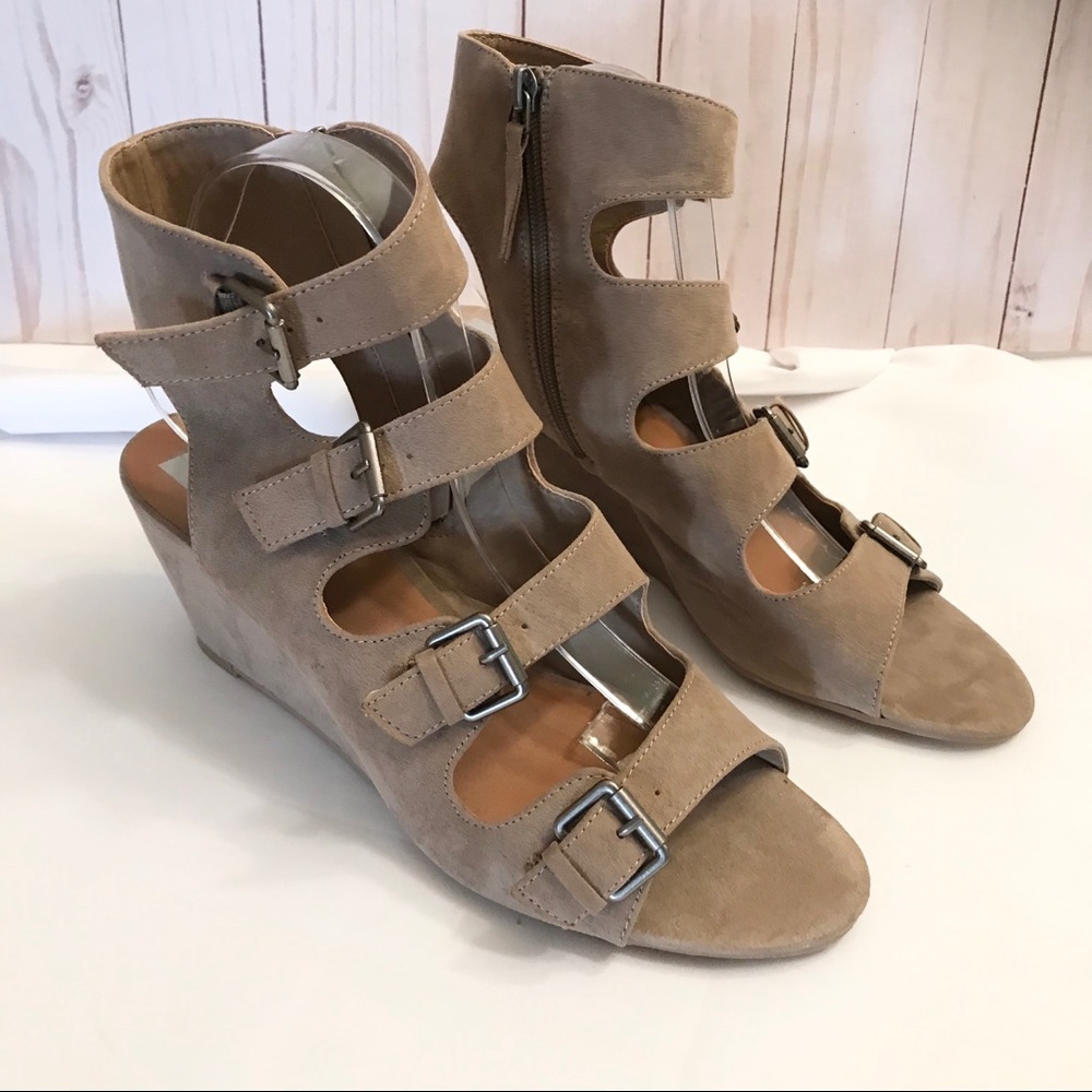 DV by Dolce Vita Taupe Suede Strappy Wedge Sandals